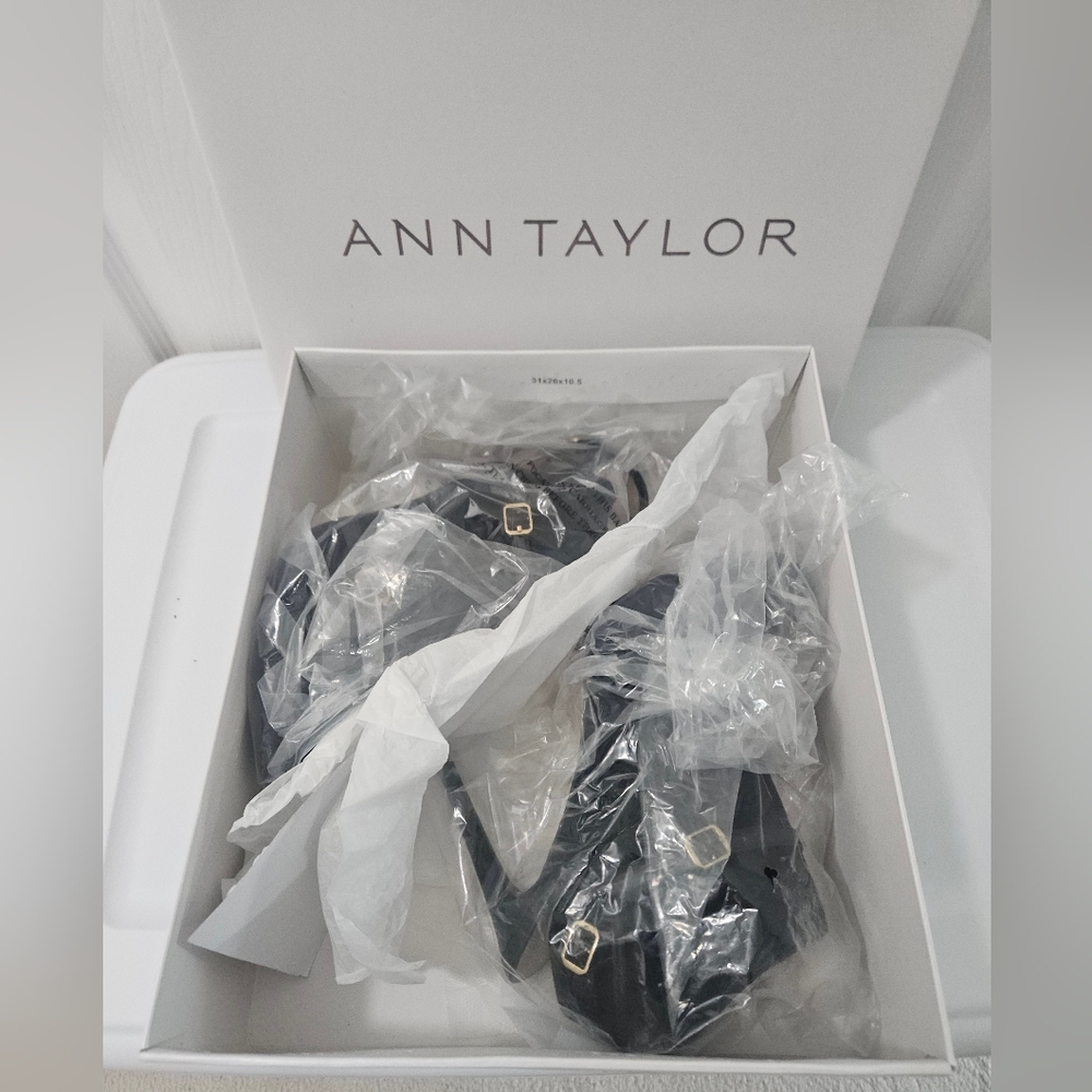 Ann Taylor Black Ankle Booties with Open Toe and Gold Accents - Picture 6 of 6